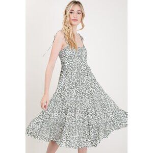 Women's Leaf Print Shoulder Tie Midi Dress (GREEN)